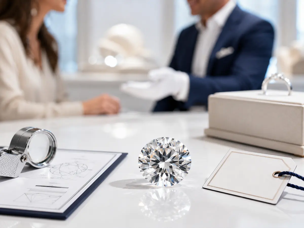 A certified diamond and its report on a jeweller's counter