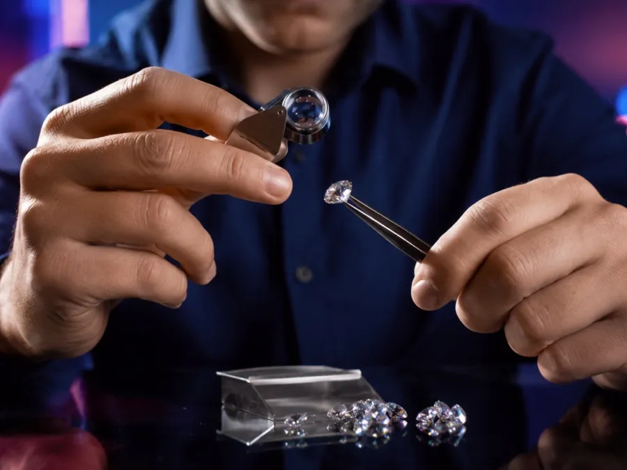 A gemologist inspecting a loose stone with tweezers